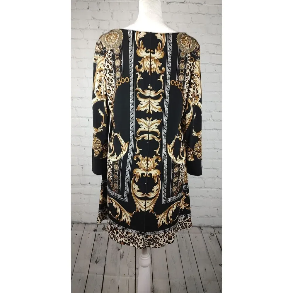 Shift Dress Baroque Leopard Print Long Sleeve Party Cocktail Dress - Picture 3 of 7